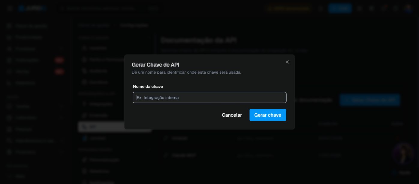 Janela atual para nomear e gerar uma chave de API no JuridIQ