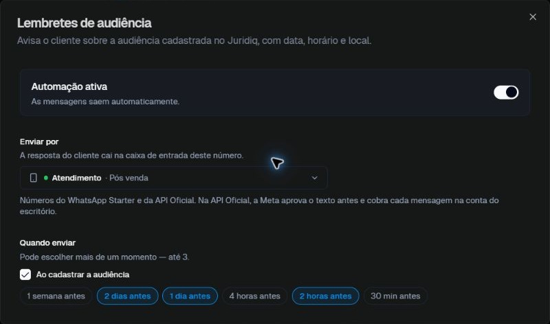 Formulário real de lembretes de audiência, com ativação, canal de envio e antecedências