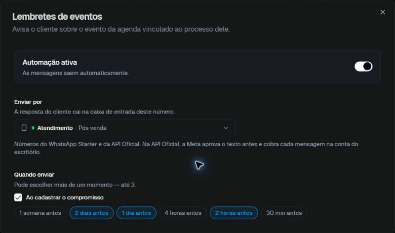 Formulário real de lembretes de eventos, com ativação, canal de envio e antecedências