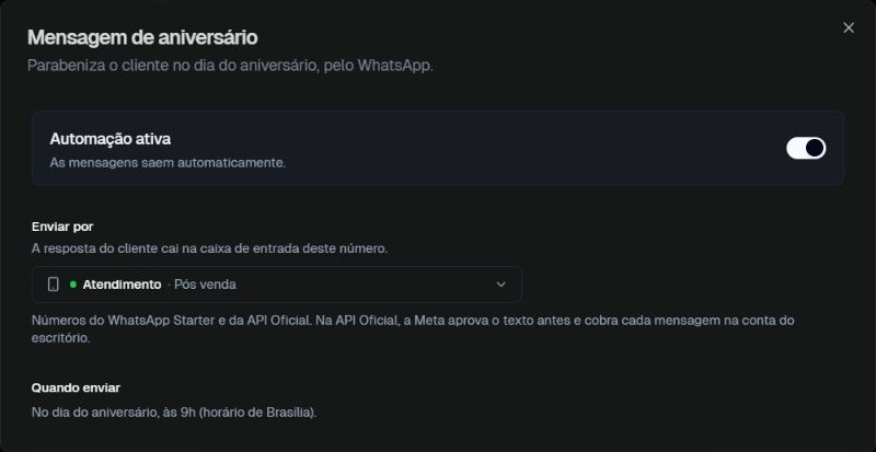 Configuração real da mensagem de aniversário, com ativação, canal e horário informado