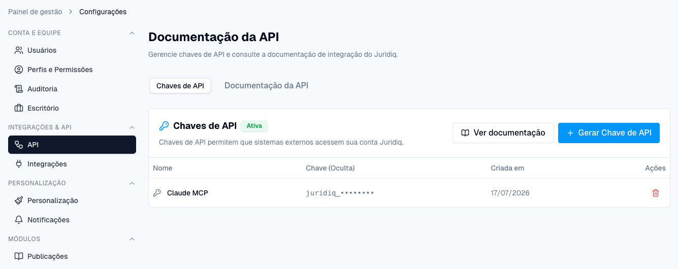 Área da API nas configurações