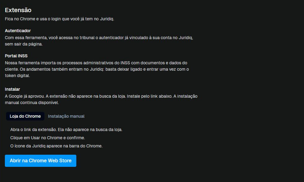 Configurações atuais da extensão do Chrome no JuridIQ
