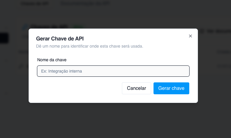 Janela para gerar uma nova chave de API