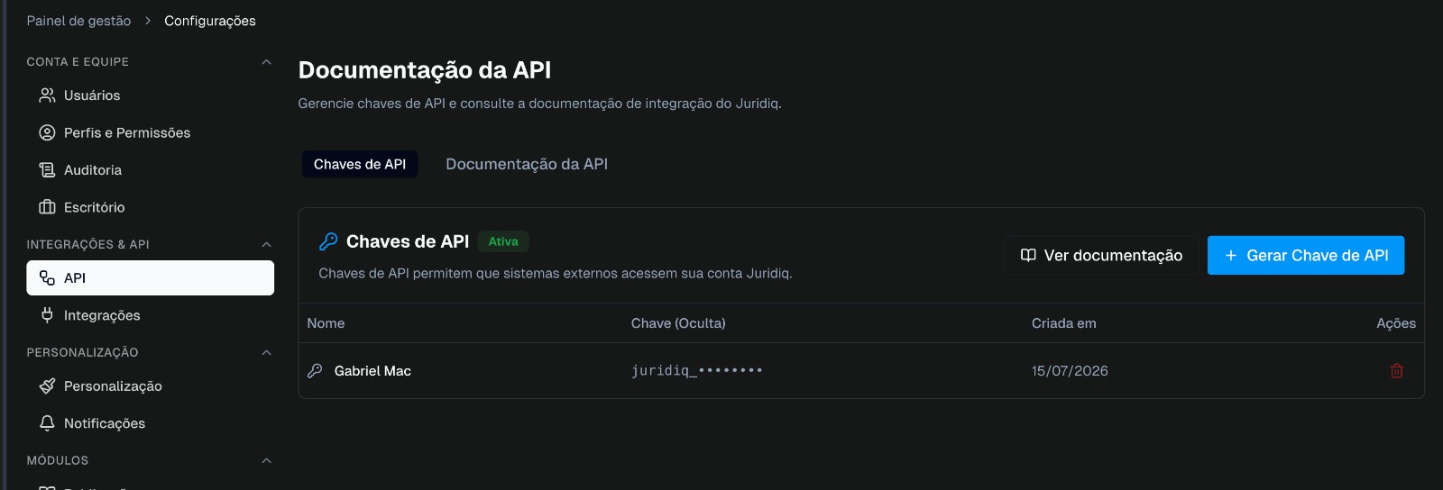 Chave de API gerada no Juridiq