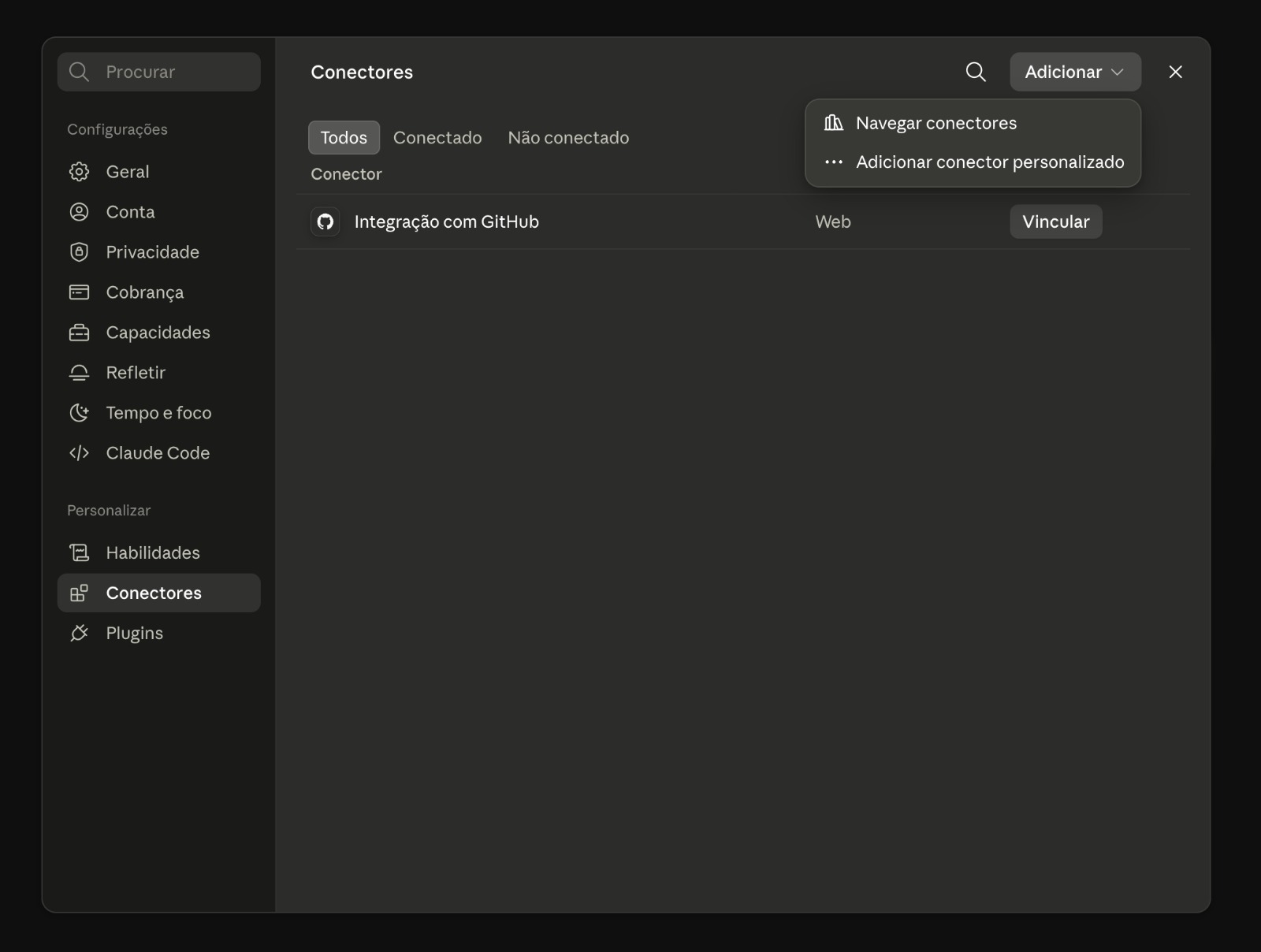 Configurações de conectores do Claude com a opção de adicionar conector personalizado