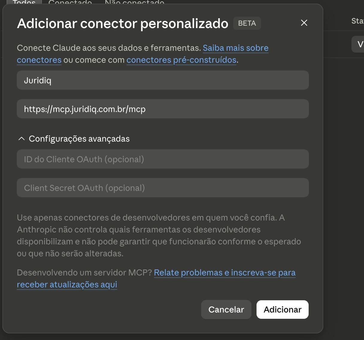 Janela do Claude para adicionar o conector personalizado com o nome e a URL preenchidos