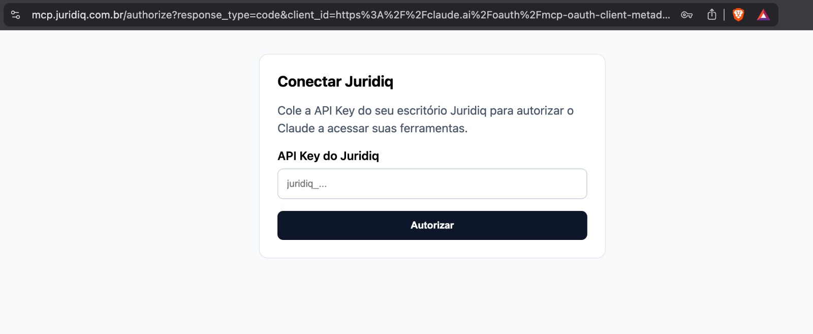 Página de autorização do Juridiq para colar a API Key