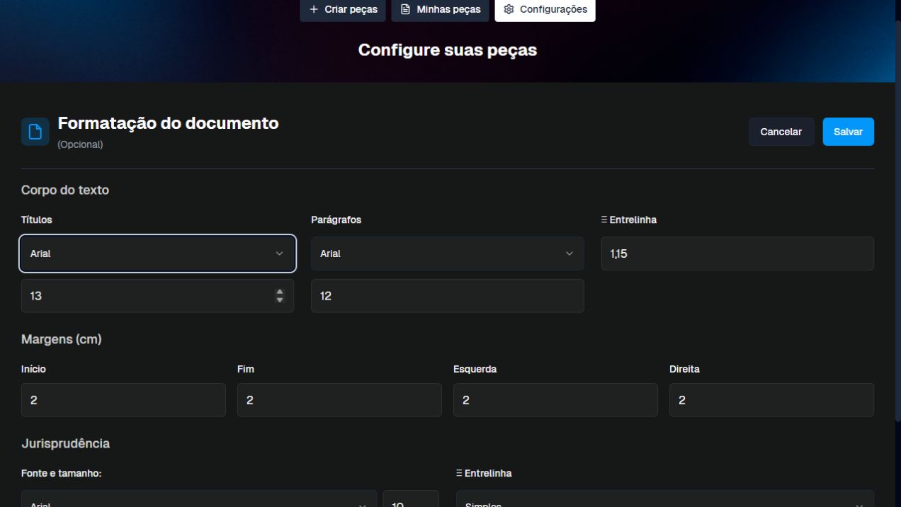 Opções de formatação do documento