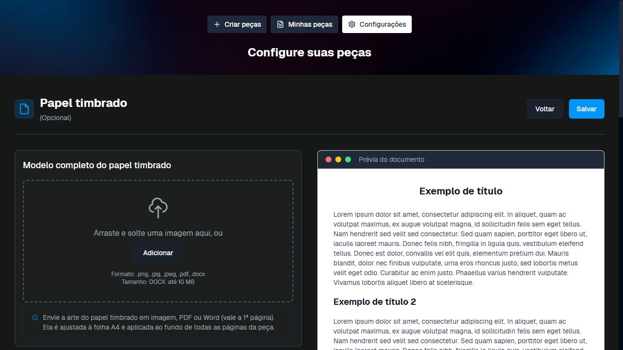 Tela de papel timbrado e prévia