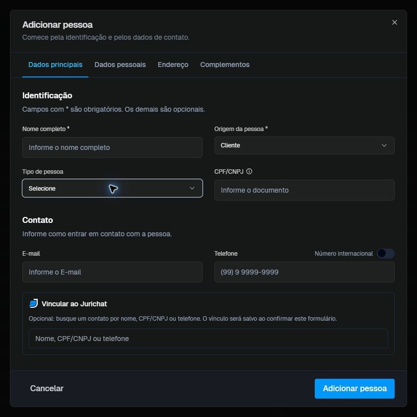 Formulário atual de cadastro de pessoa, sem dados preenchidos