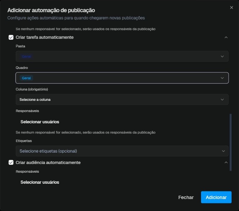 Destino e responsáveis da tarefa criada pela automação