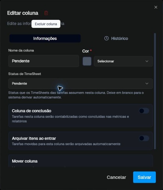 Configurações de conclusão, arquivamento e Timesheet em uma coluna