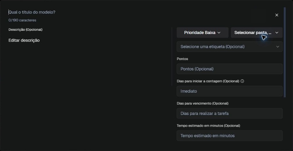 Formulário de modelo com prazos relativos, pontos e Timesheet