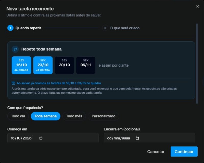 Primeira etapa da recorrência com frequência, datas e destino