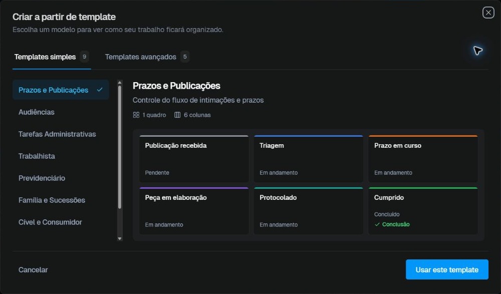 Catálogo e prévia de template de quadros