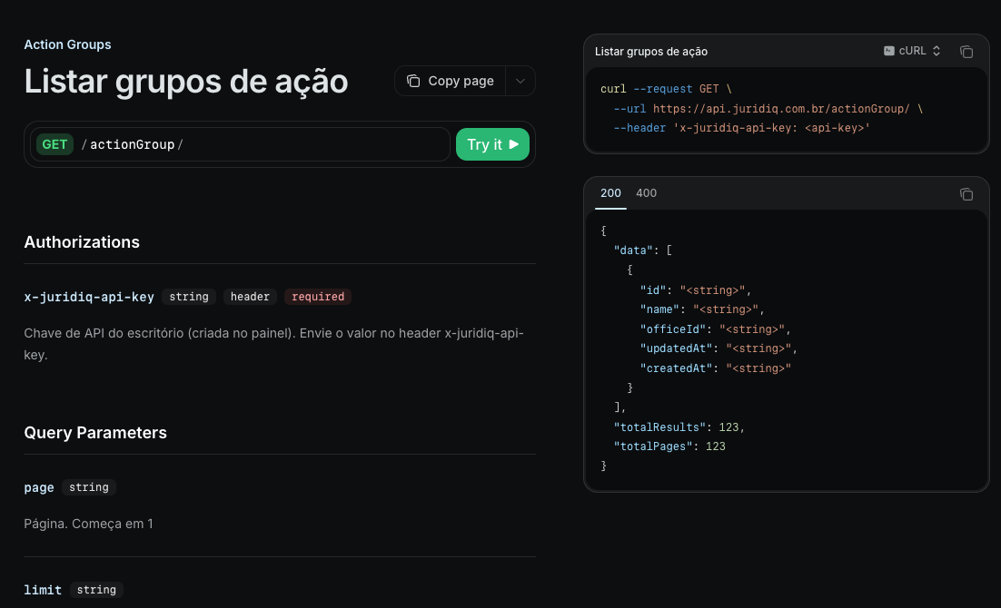 Página de uma rota com exemplo de requisição e resposta